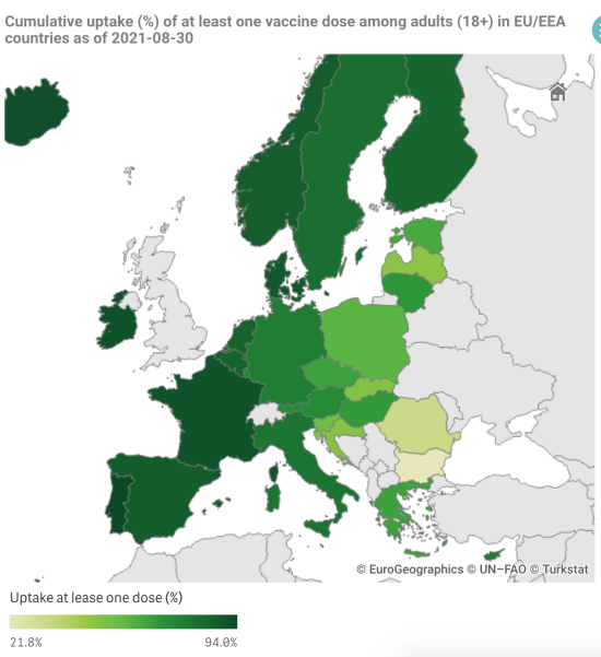 Europe 1 Dose vaccination 2021-08-30
